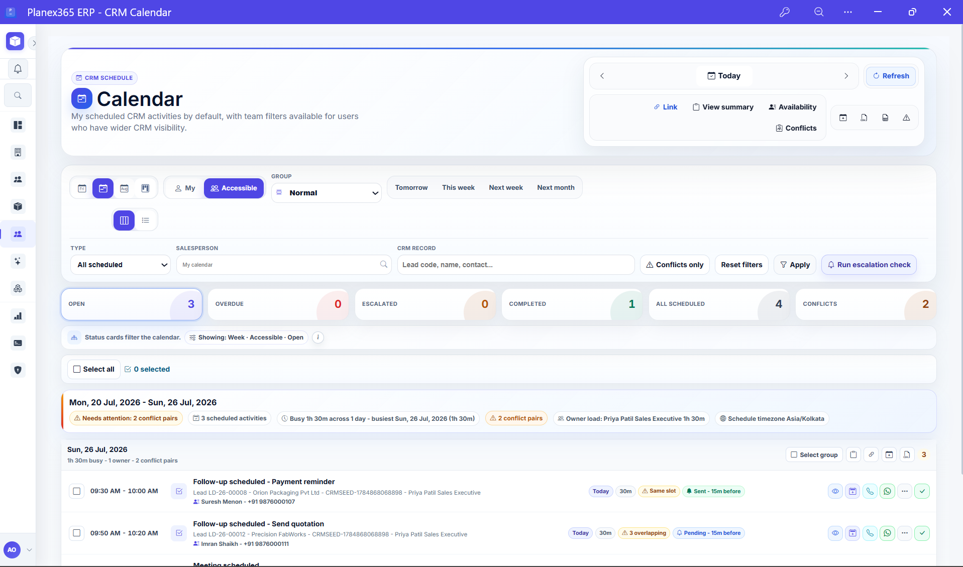 Planex365 CRM calendar with scheduled activities, reminders and conflicts