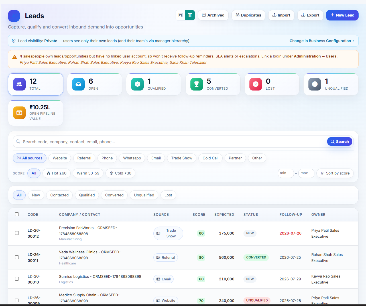 Planex365 CRM leads list with filters, private visibility and lead status cards